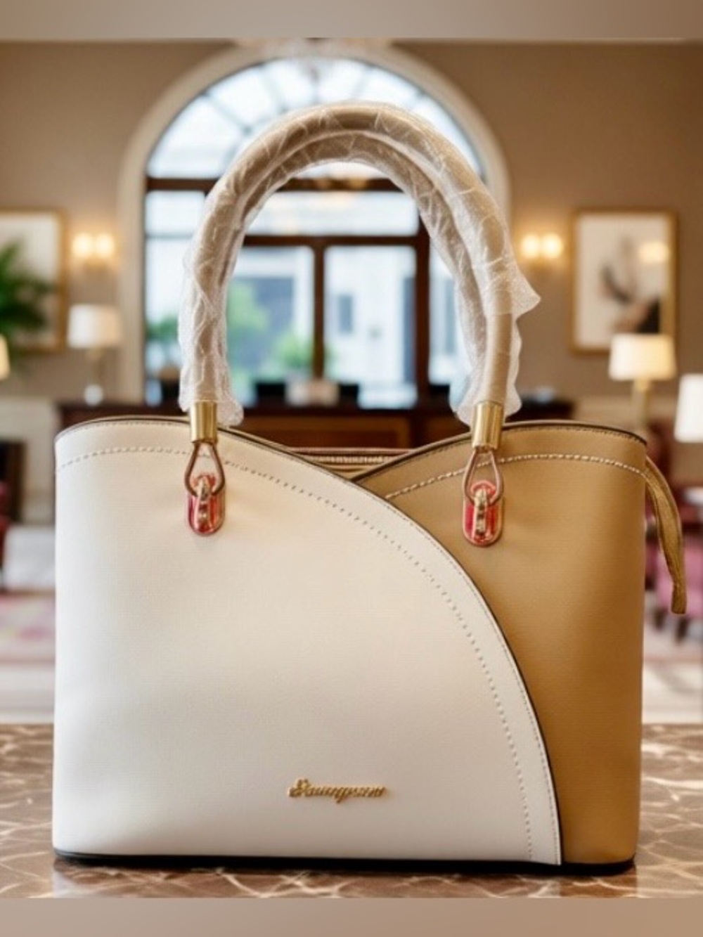 Womens Handbag Top Handle Satchel Shoulder Bag SIMYEER NWT No Flaws White & Tan
